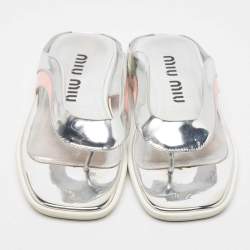 Miu Miu Silver/Pink Leather and Patent Thong Flats Size 36