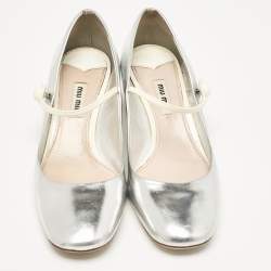 Pre Owned Miu Miu Silver Leather Mary Jane Pumps Size 37