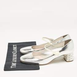 Pre Owned Miu Miu Silver Leather Mary Jane Pumps Size 37