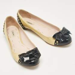 Miu Miu Yellow/Black Patent Leather Studded Bow Ballet Flats Size 37