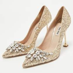Pre Owned Miu Miu Gold Glitter Crystal Embellished Pointed Toe Pumps Size 38