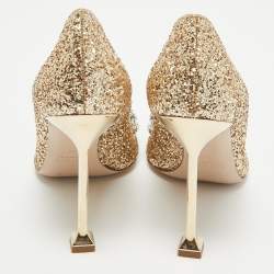Pre Owned Miu Miu Gold Glitter Crystal Embellished Pointed Toe Pumps Size 38