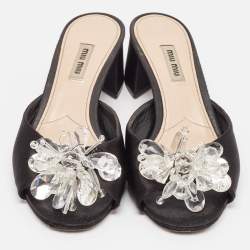 Miu Miu Black Satin Embellished Slide Sandals Size 38.5