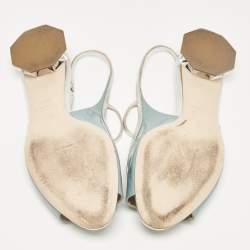 Pre Owned Miu Miu Grey/Blue Leather and Patent Leather Flat Sandals Size 37.5