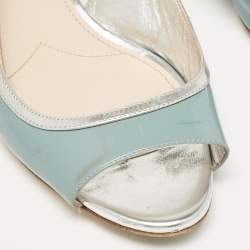 Pre Owned Miu Miu Grey/Blue Leather and Patent Leather Flat Sandals Size 37.5