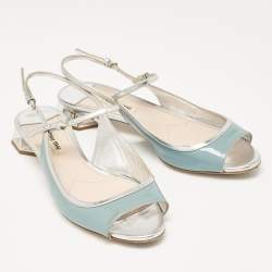 Pre Owned Miu Miu Grey/Blue Leather and Patent Leather Flat Sandals Size 37.5