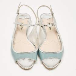 Pre Owned Miu Miu Grey/Blue Leather and Patent Leather Flat Sandals Size 37.5