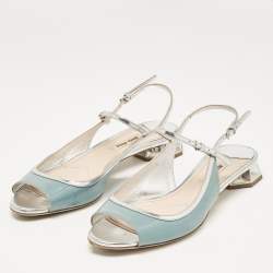 Pre Owned Miu Miu Grey/Blue Leather and Patent Leather Flat Sandals Size 37.5