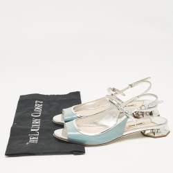 Pre Owned Miu Miu Grey/Blue Leather and Patent Leather Flat Sandals Size 37.5