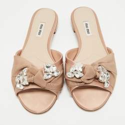 Miu Miu Pink Knotted Fabric and Satin Crystal Embellished Flat Slides Size 39