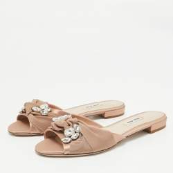 Miu Miu Pink Knotted Fabric and Satin Crystal Embellished Flat Slides Size 39
