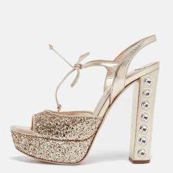 Pre Owned Miu Miu Gold Glitter Leather and Glitter Ankle Strap Sandals Size 37.5