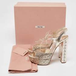 Pre Owned Miu Miu Gold Glitter Leather and Glitter Ankle Strap Sandals Size 37.5