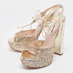 Pre Owned Miu Miu Gold Glitter Leather and Glitter Ankle Strap Sandals Size 37.5