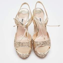 Pre Owned Miu Miu Gold Glitter Leather and Glitter Ankle Strap Sandals Size 37.5