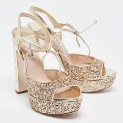Pre Owned Miu Miu Gold Glitter Leather and Glitter Ankle Strap Sandals Size 37.5