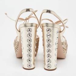 Pre Owned Miu Miu Gold Glitter Leather and Glitter Ankle Strap Sandals Size 37.5