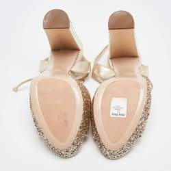 Pre Owned Miu Miu Gold Glitter Leather and Glitter Ankle Strap Sandals Size 37.5