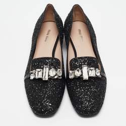 Miu Miu Black Glitter Crystal Embellished  Loafers Size 40