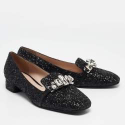 Miu Miu Black Glitter Crystal Embellished  Loafers Size 40