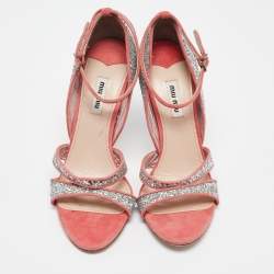 Miu Miu Silver Glitter Suede Ankle Strap Sandals Size 40