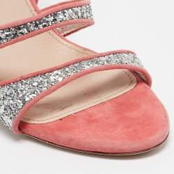 Miu Miu Silver Glitter Suede Ankle Strap Sandals Size 40