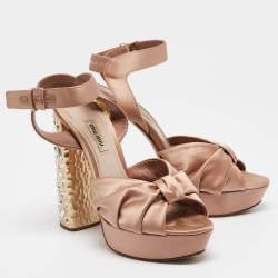 Pre Owned Miu Miu Beige Satin Crystal Embellished Ankle Strap Sandals 40