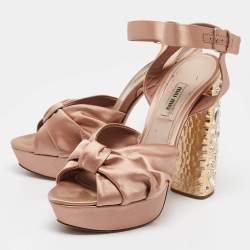Pre Owned Miu Miu Beige Satin Crystal Embellished Ankle Strap Sandals 40
