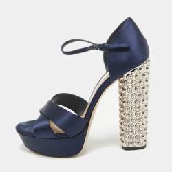 Pre Owned Miu Miu Navy Blue Satin Crystals Heel Platform Sandals Size 37