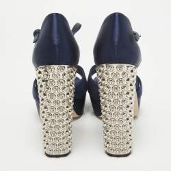 Pre Owned Miu Miu Navy Blue Satin Crystals Heel Platform Sandals Size 37