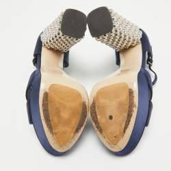 Pre Owned Miu Miu Navy Blue Satin Crystals Heel Platform Sandals Size 37
