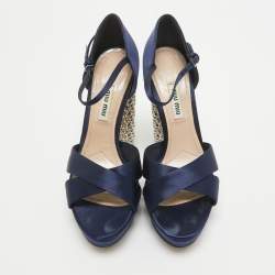 Pre Owned Miu Miu Navy Blue Satin Crystals Heel Platform Sandals Size 37