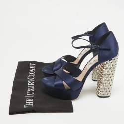 Pre Owned Miu Miu Navy Blue Satin Crystals Heel Platform Sandals Size 37
