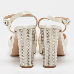 Miu Miu Cream Satin Crystal Embellished Ankle Strap Sandals Size 40