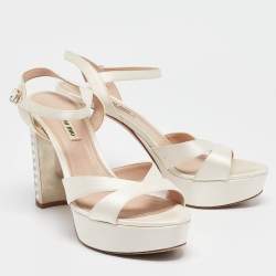 Miu Miu Cream Satin Crystal Embellished Ankle Strap Sandals Size 40