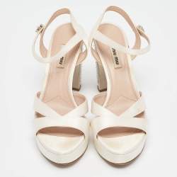 Miu Miu Cream Satin Crystal Embellished Ankle Strap Sandals Size 40