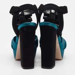 Miu Miu Black/Green Satin and Suede Ankle Strap Sandals Size 35