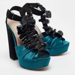 Miu Miu Black/Green Satin and Suede Ankle Strap Sandals Size 35