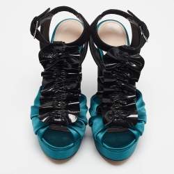 Miu Miu Black/Green Satin and Suede Ankle Strap Sandals Size 35