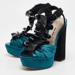 Miu Miu Black/Green Satin and Suede Ankle Strap Sandals Size 35