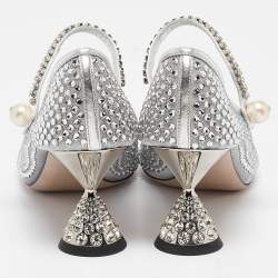 Miu Miu Silver Leather and Mesh Crystal Embellished Pumps Size 40