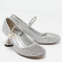 Miu Miu Silver Leather and Mesh Crystal Embellished Pumps Size 40