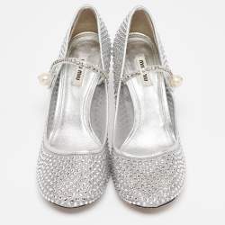 Miu Miu Silver Leather and Mesh Crystal Embellished Pumps Size 40