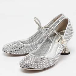 Miu Miu Silver Leather and Mesh Crystal Embellished Pumps Size 40