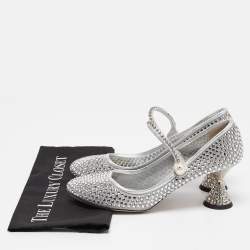 Miu Miu Silver Leather and Mesh Crystal Embellished Pumps Size 40