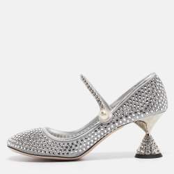 Miu Miu Silver Leather and Mesh Crystal Embellished Pumps Size 40