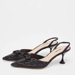 Miu Miu Black Crystal Embellished Fabric Bow Slingback Pumps Size 39.5