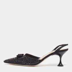 Miu Miu Black Crystal Embellished Fabric Bow Slingback Pumps Size 39.5
