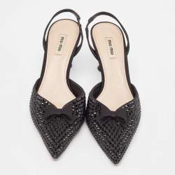 Miu Miu Black Crystal Embellished Fabric Bow Slingback Pumps Size 39.5
