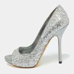 Miu Miu Silver Glitter and Leather Peep Toe Platform Pumps Size 41